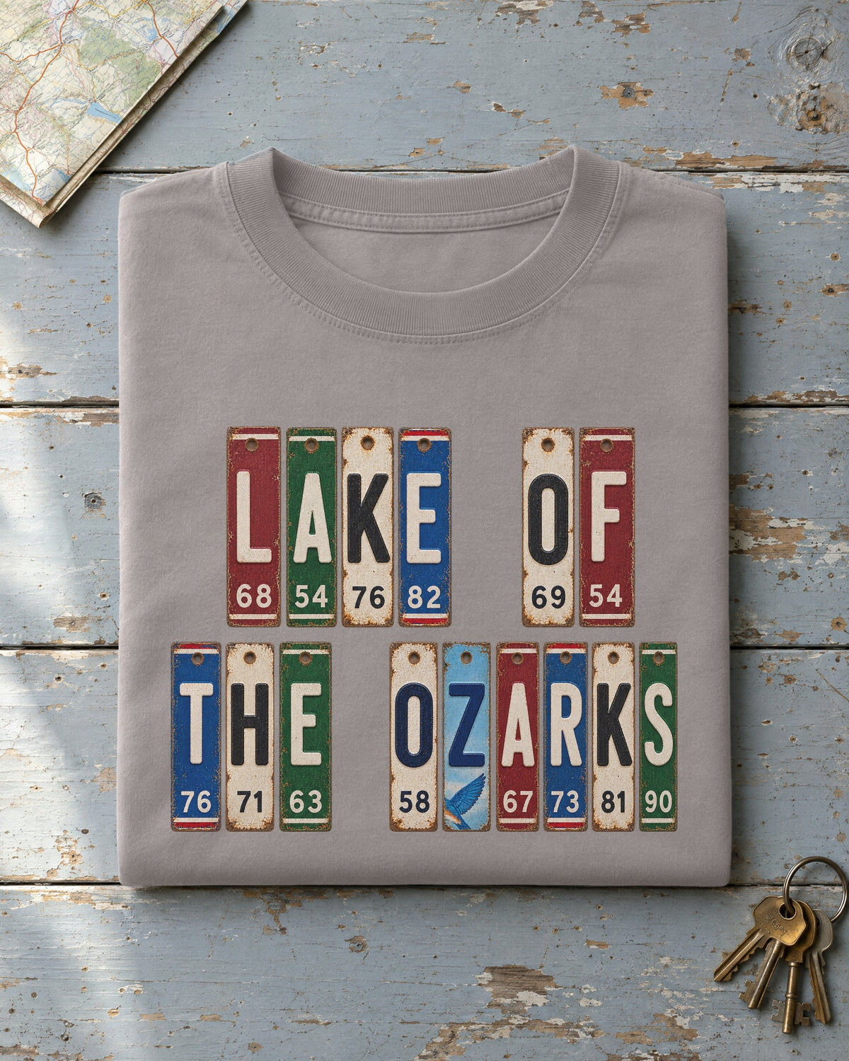 Lake of the Ozarks, Missouri vintage license plate t-shirt in Grey