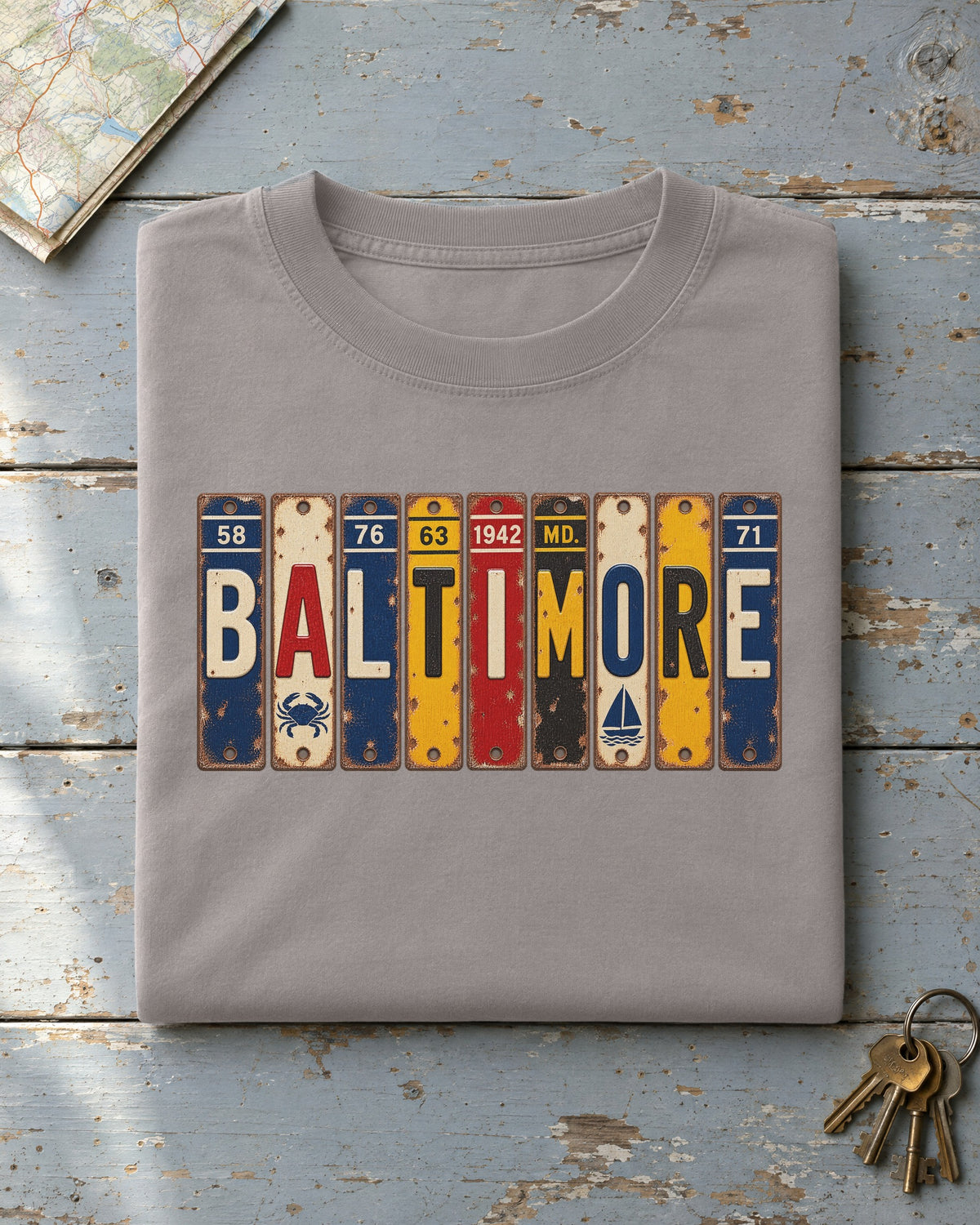 Baltimore, Maryland vintage license plate t-shirt in Grey