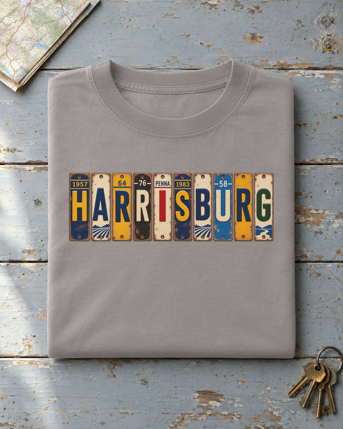 Harrisburg, Pennsylvania vintage license plate t-shirt in Grey