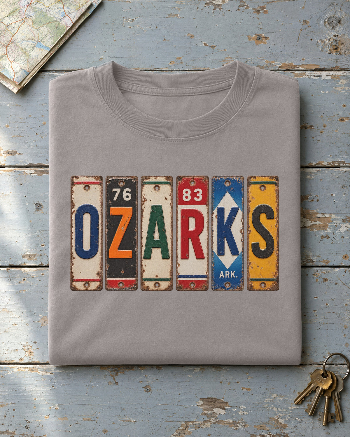 Ozarks, Arkansas vintage license plate t-shirt in Grey