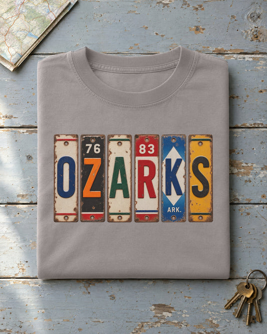 Ozarks, Arkansas vintage license plate t-shirt in Grey