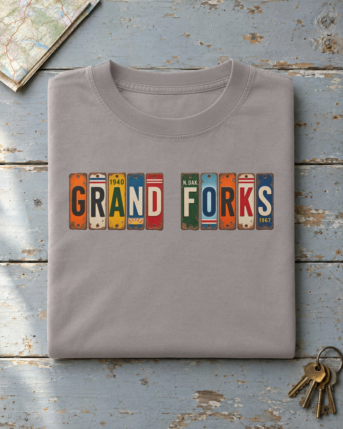 Grand Forks, North Dakota vintage license plate t-shirt in Grey