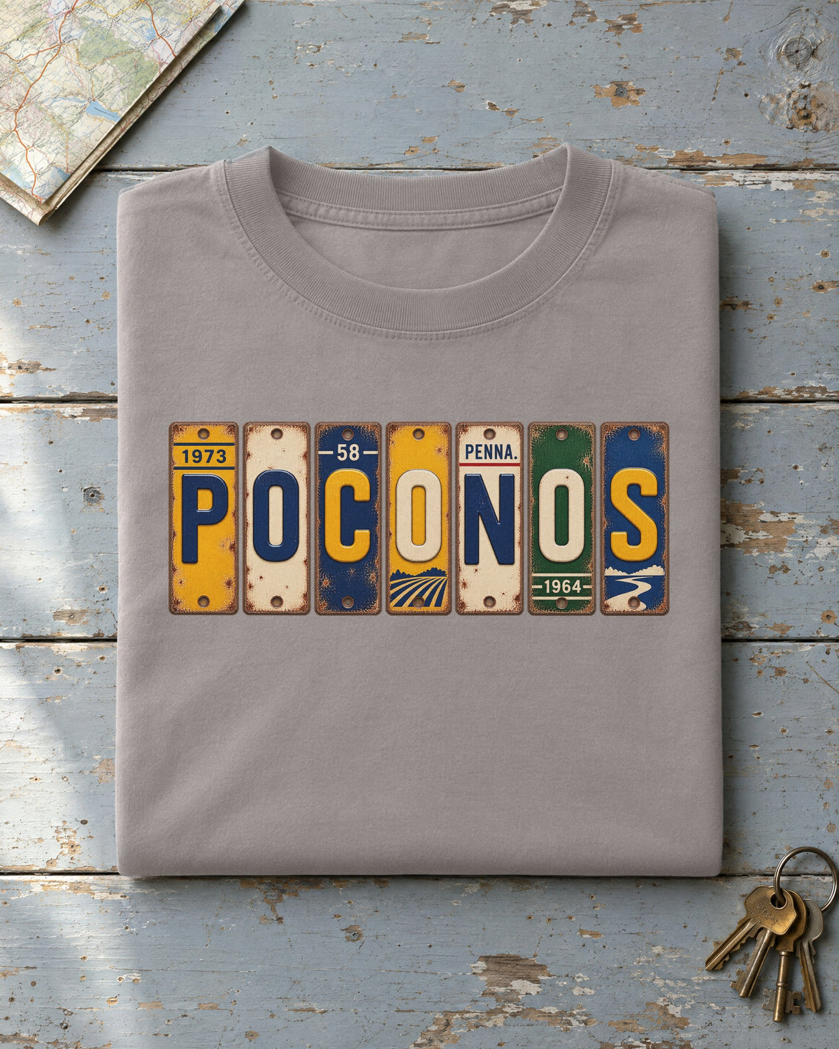 Poconos, Pennsylvania vintage license plate t-shirt in Grey