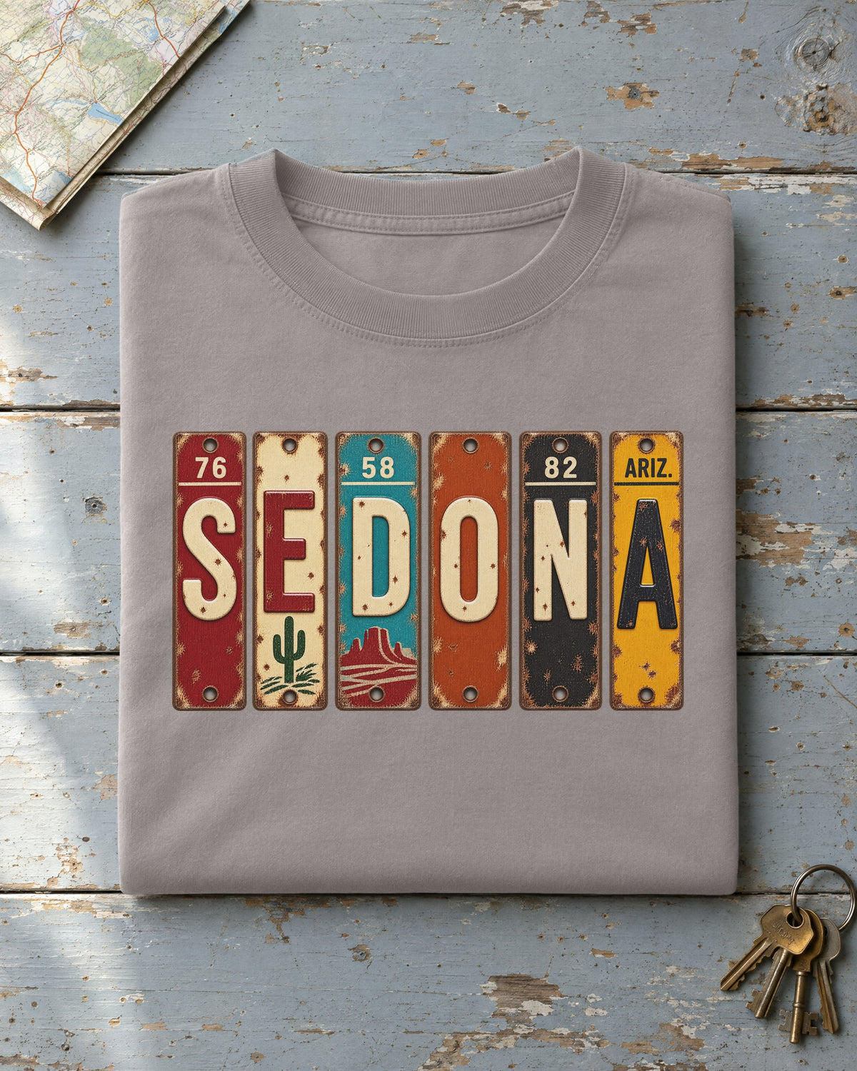 Sedona, Arizona vintage license plate t-shirt in Grey