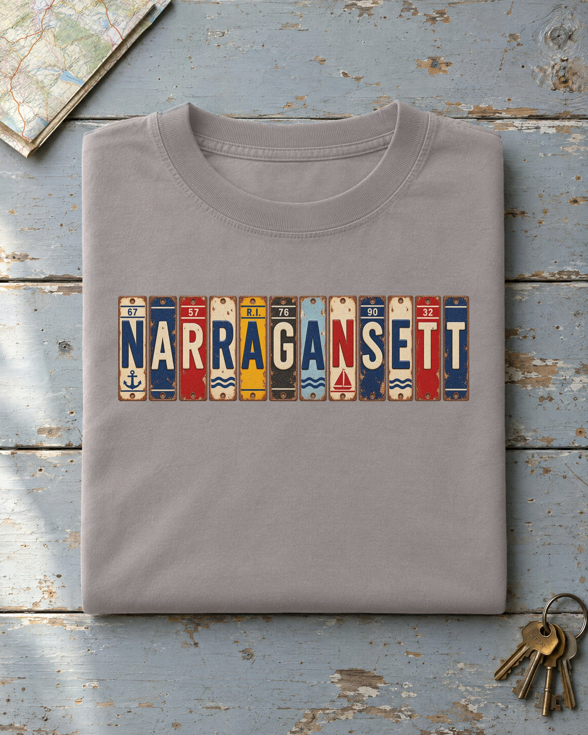 Narragansett, Rhode Island vintage license plate t-shirt in Grey