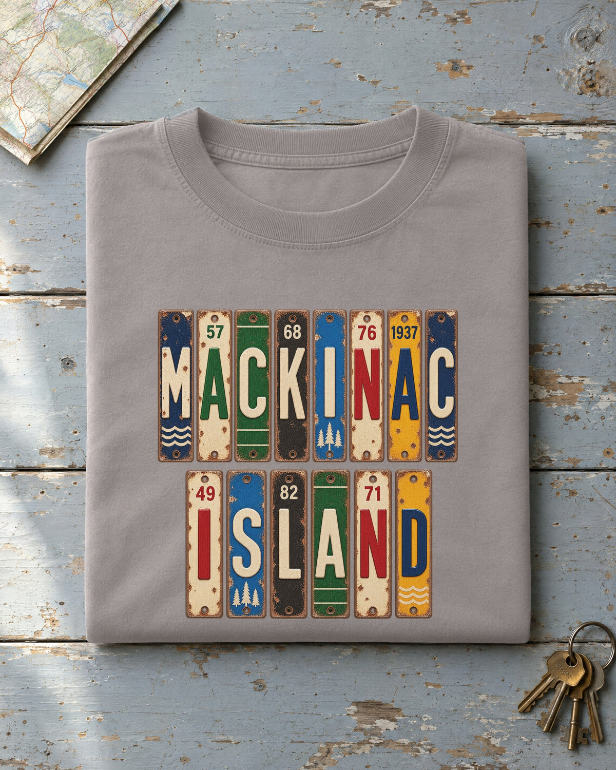 Mackinac Island, Michigan vintage license plate t-shirt in Grey