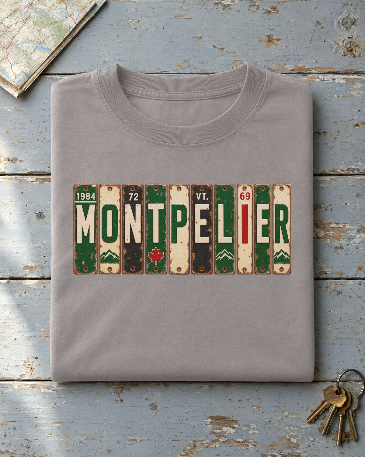 Montpelier, Vermont vintage license plate t-shirt in Grey