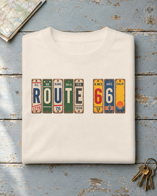 Route 66 vintage license plate t-shirt in Ivory