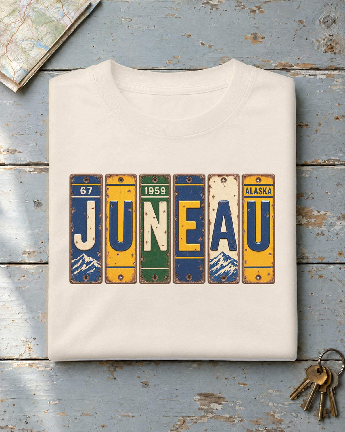 Juneau, Alaska vintage license plate t-shirt in Ivory