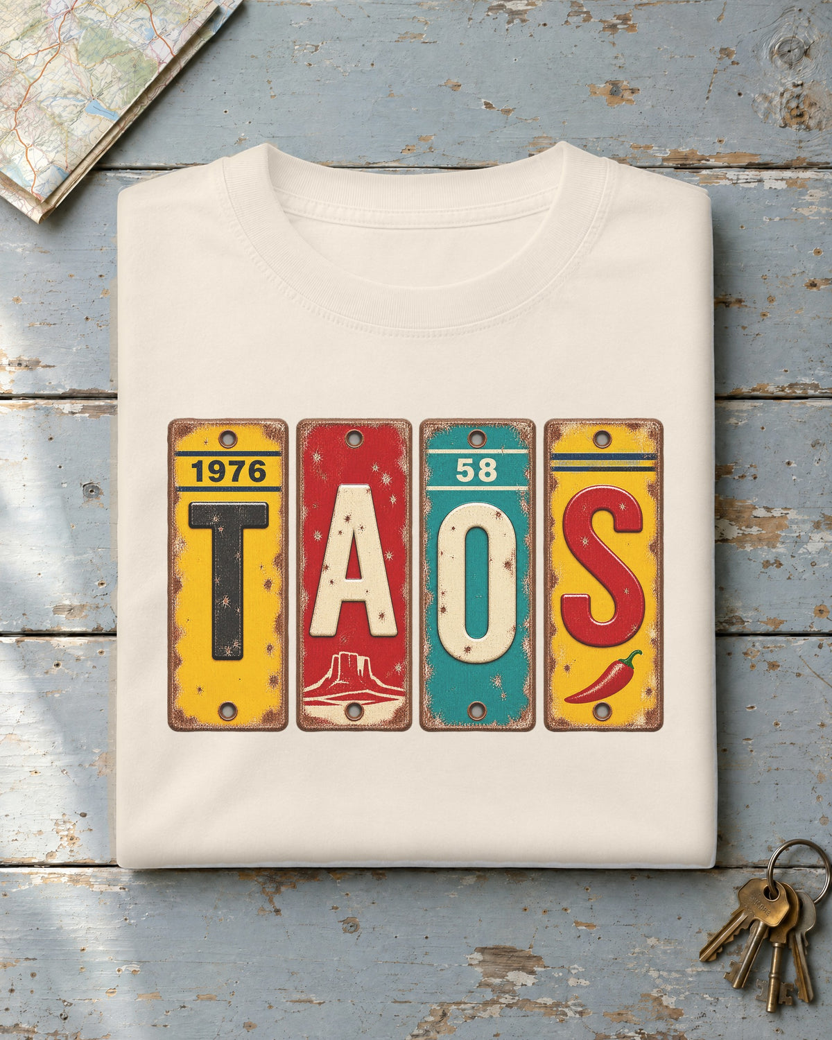 Taos, New Mexico vintage license plate t-shirt in Ivory