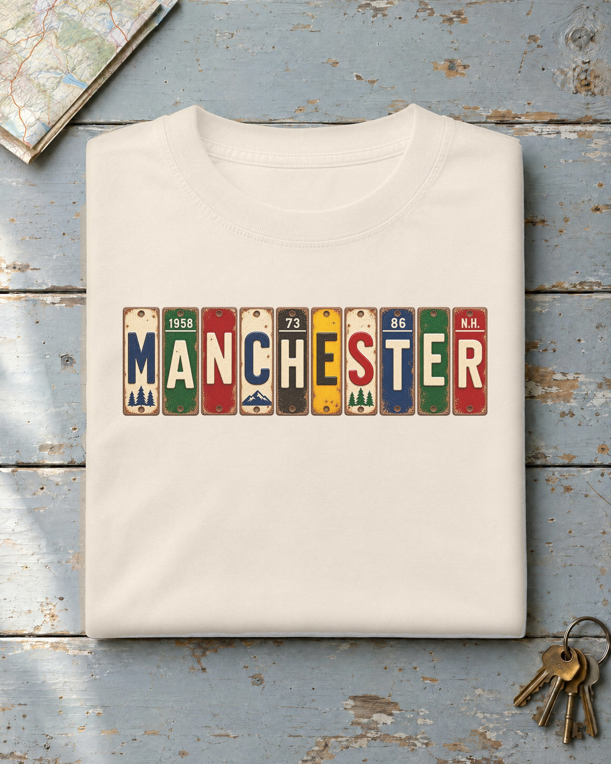 Manchester, New Hampshire vintage license plate t-shirt in Ivory