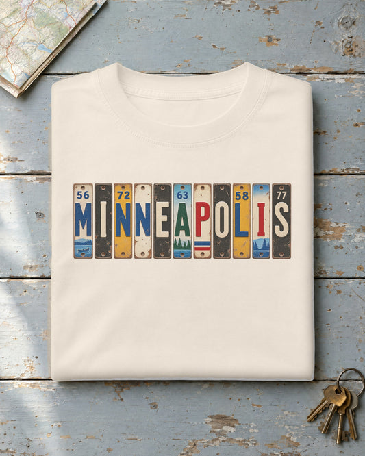 Minneapolis, Minnesota vintage license plate t-shirt in Ivory