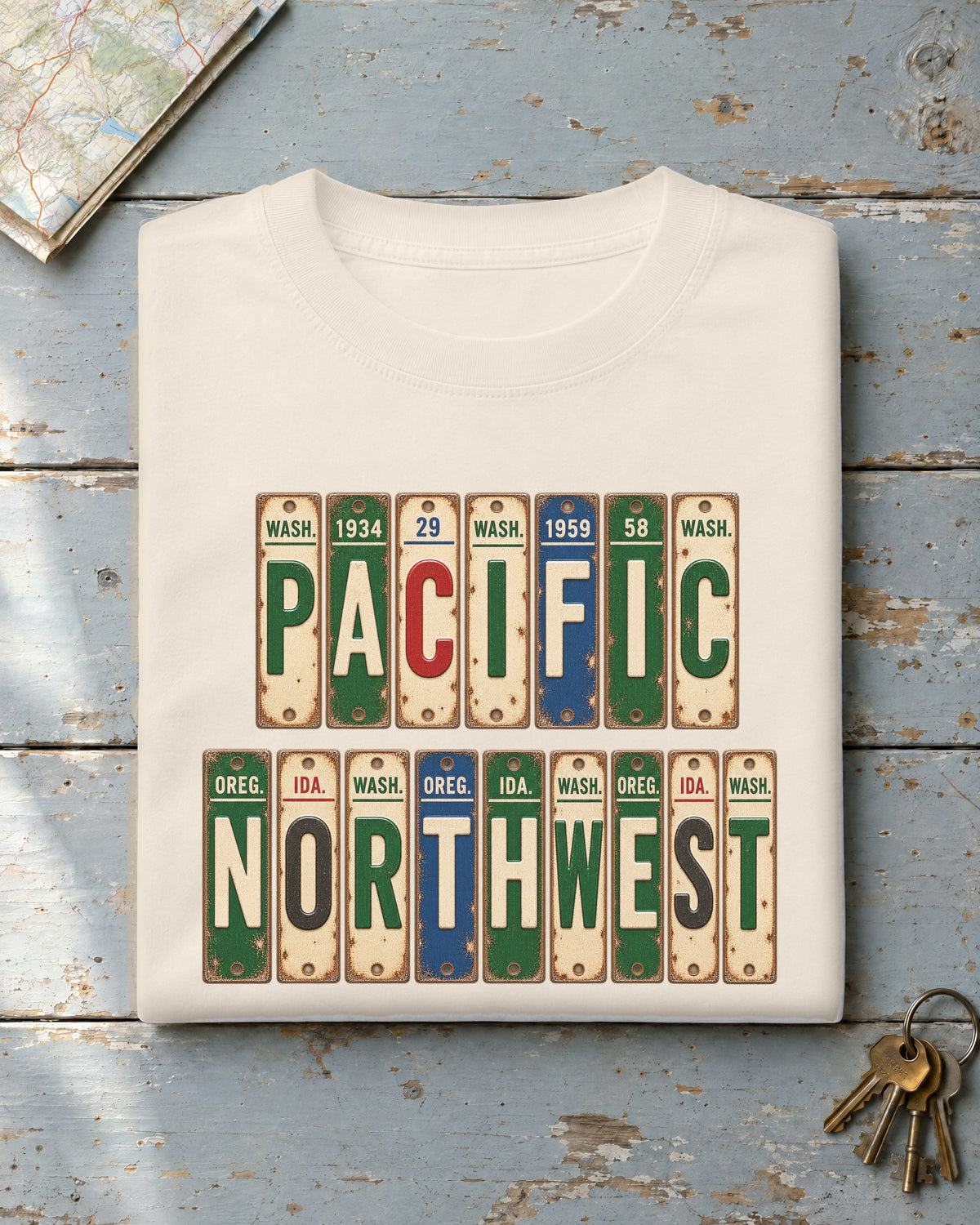 Pacific Northwest vintage license plate t-shirt in Ivory