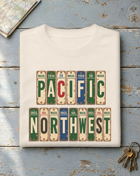 Pacific Northwest vintage license plate t-shirt in Ivory