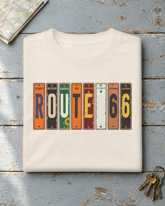 Route 66 vintage license plate t-shirt in Ivory