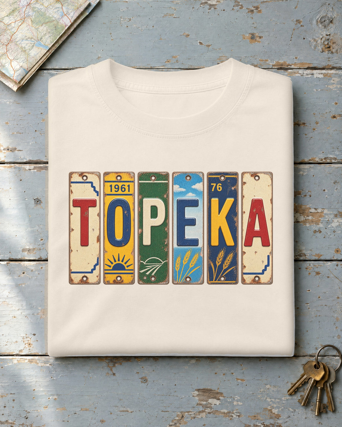 Topeka, Kansas vintage license plate t-shirt in Ivory