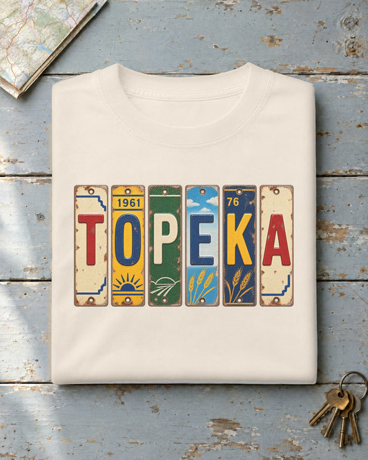 Topeka, Kansas vintage license plate t-shirt in Ivory
