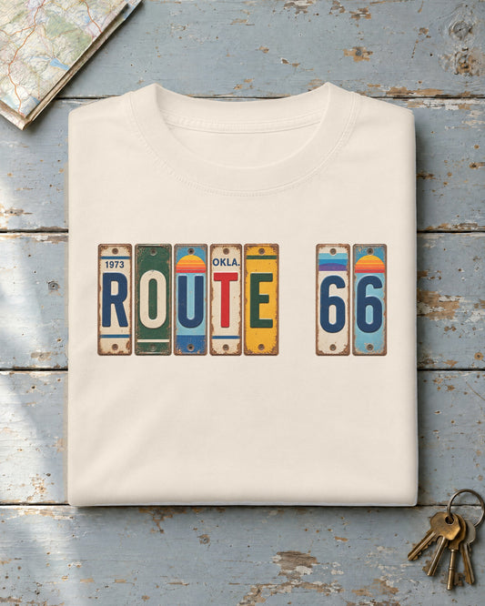 Route 66, Oklahoma vintage license plate t-shirt in Ivory
