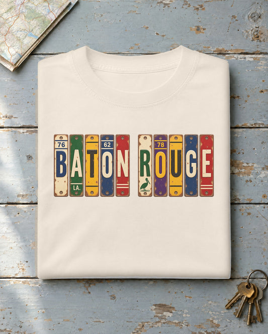 Baton Rouge, Louisiana vintage license plate t-shirt in Ivory