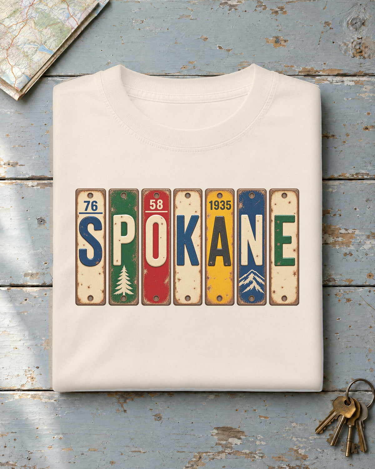 Spokane, Washington vintage license plate t-shirt in Ivory
