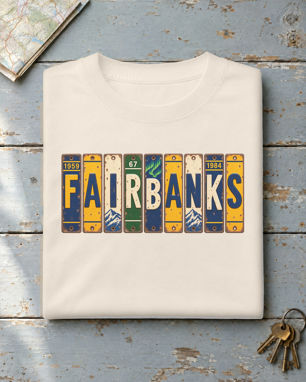 Fairbanks, Alaska vintage license plate t-shirt in Ivory