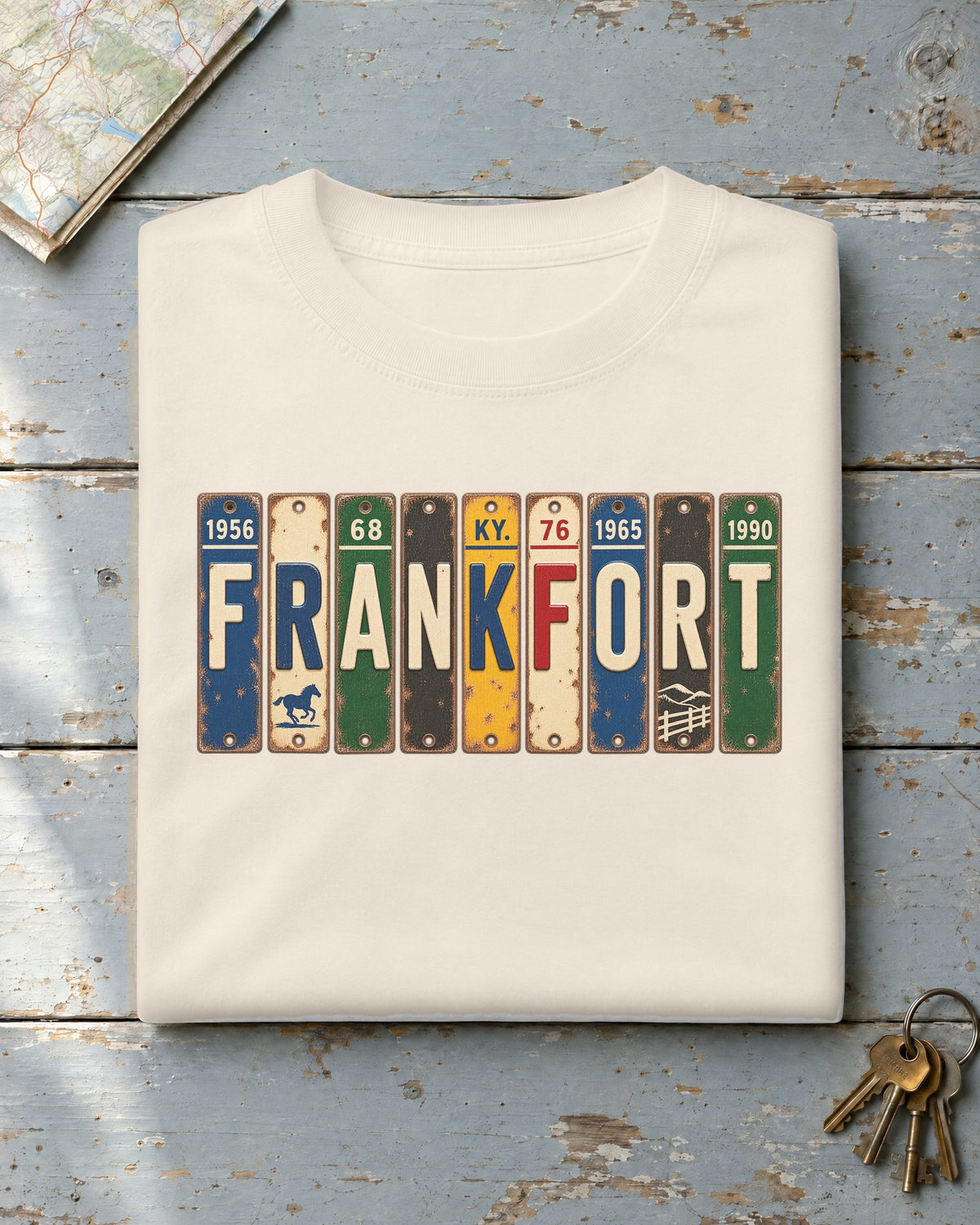 Frankfort, Kentucky vintage license plate t-shirt in Ivory