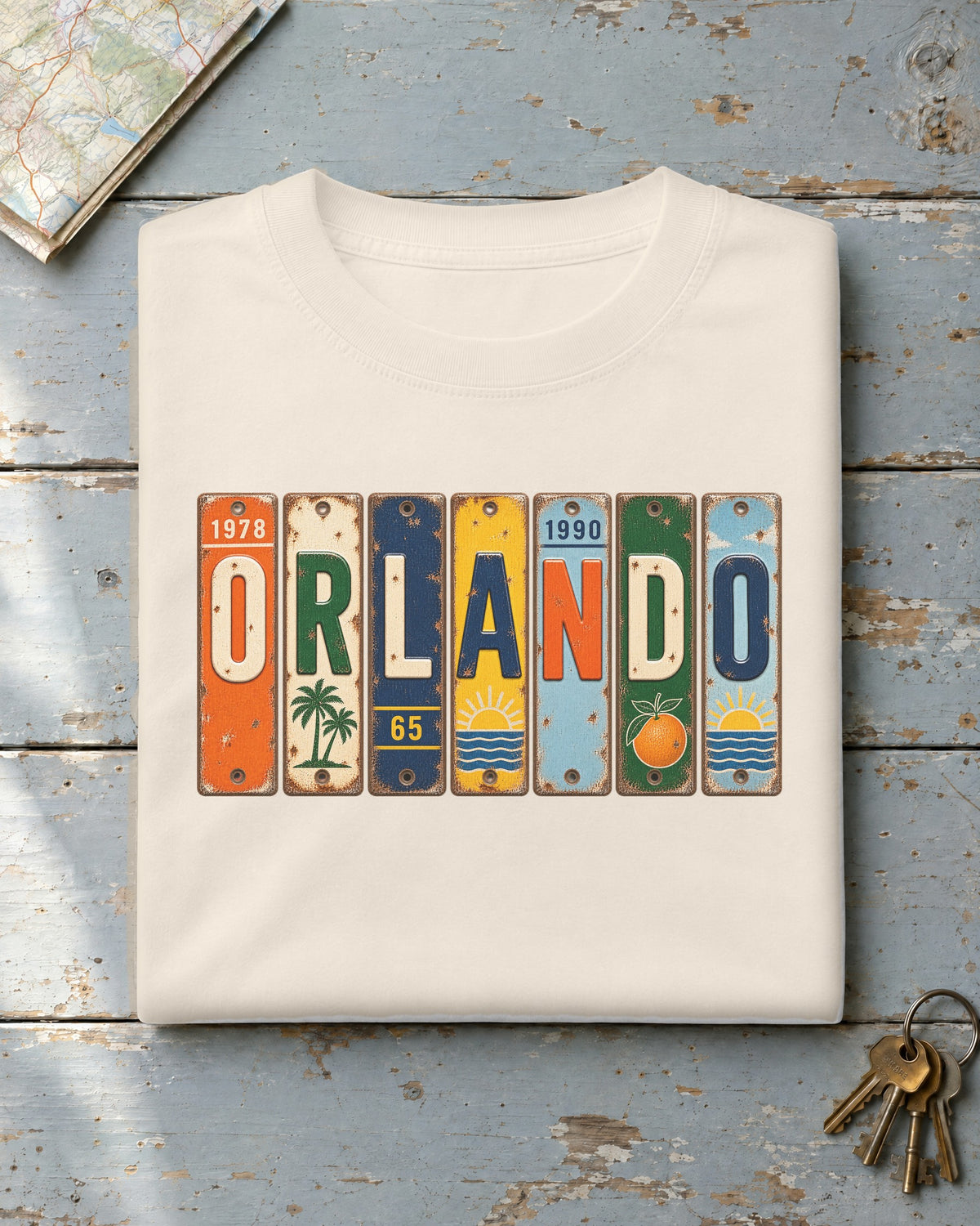 Orlando, Florida vintage license plate t-shirt in Ivory