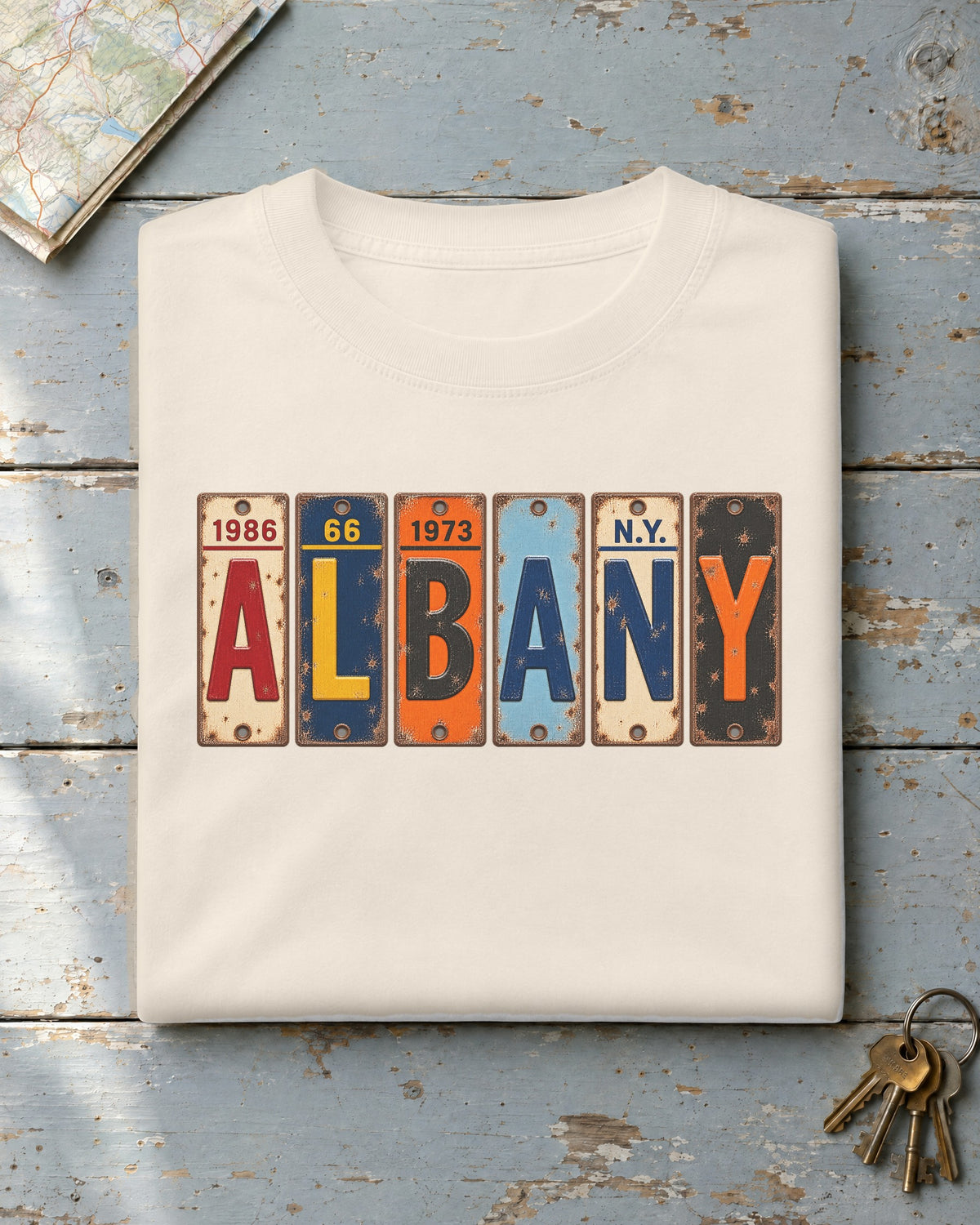 Albany, New York vintage license plate t-shirt in Ivory