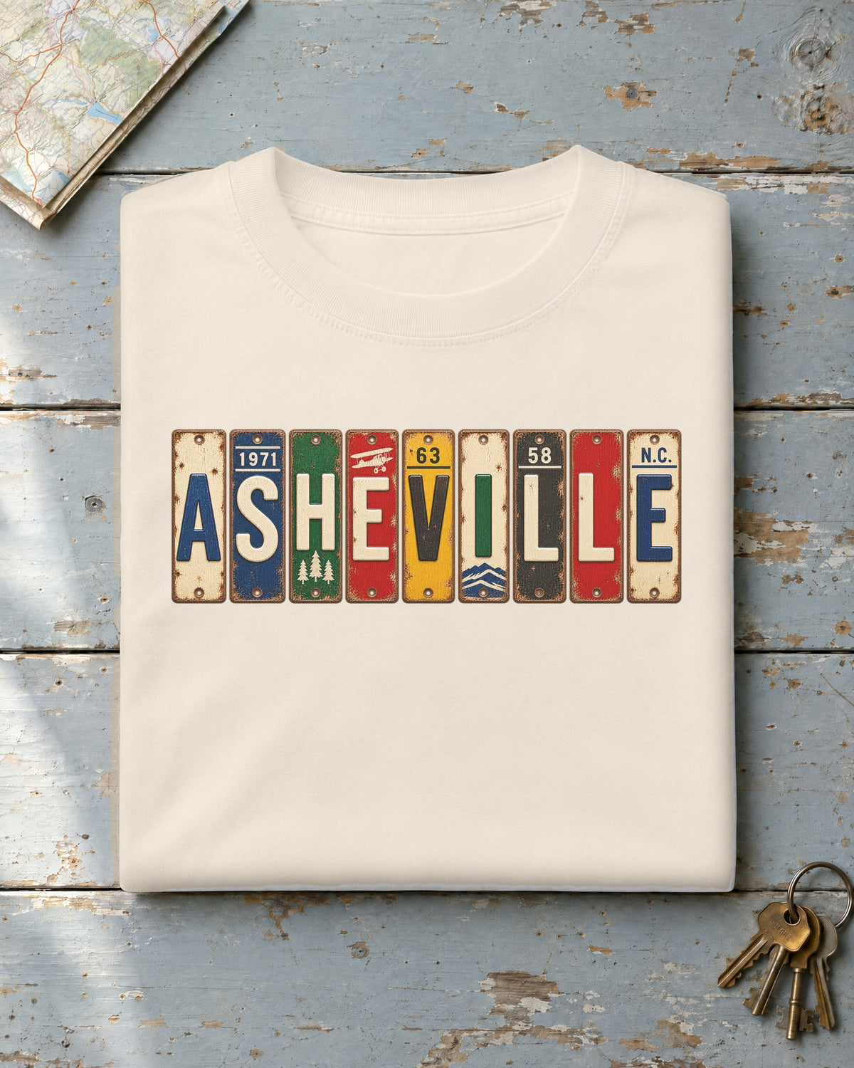 Asheville, North Carolina vintage license plate t-shirt in Ivory
