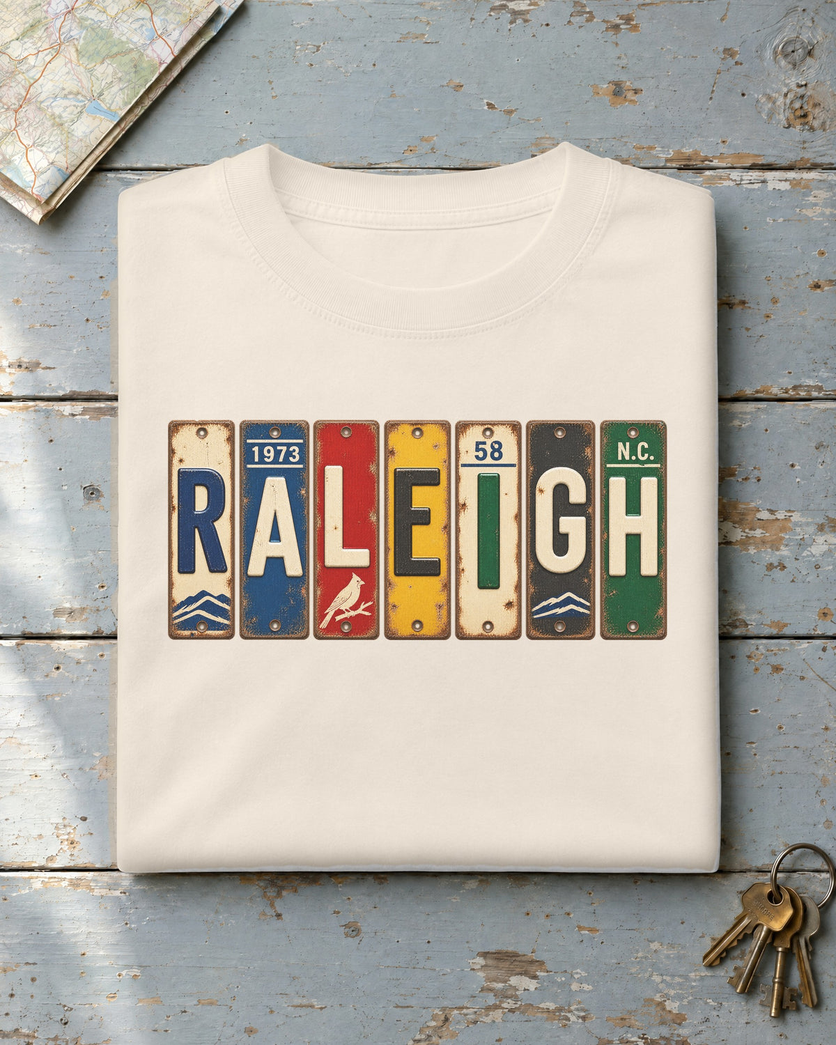Raleigh, North Carolina vintage license plate t-shirt in Ivory