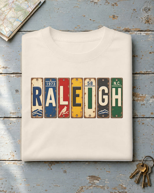 Raleigh, North Carolina vintage license plate t-shirt in Ivory