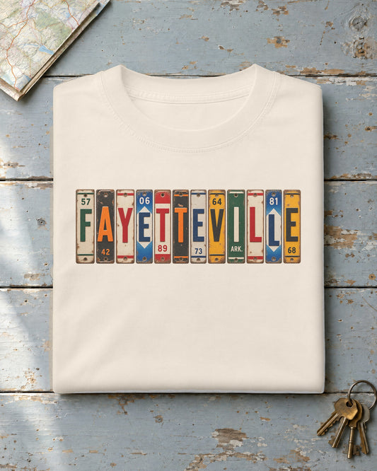 Fayetteville, Arkansas vintage license plate t-shirt in Ivory