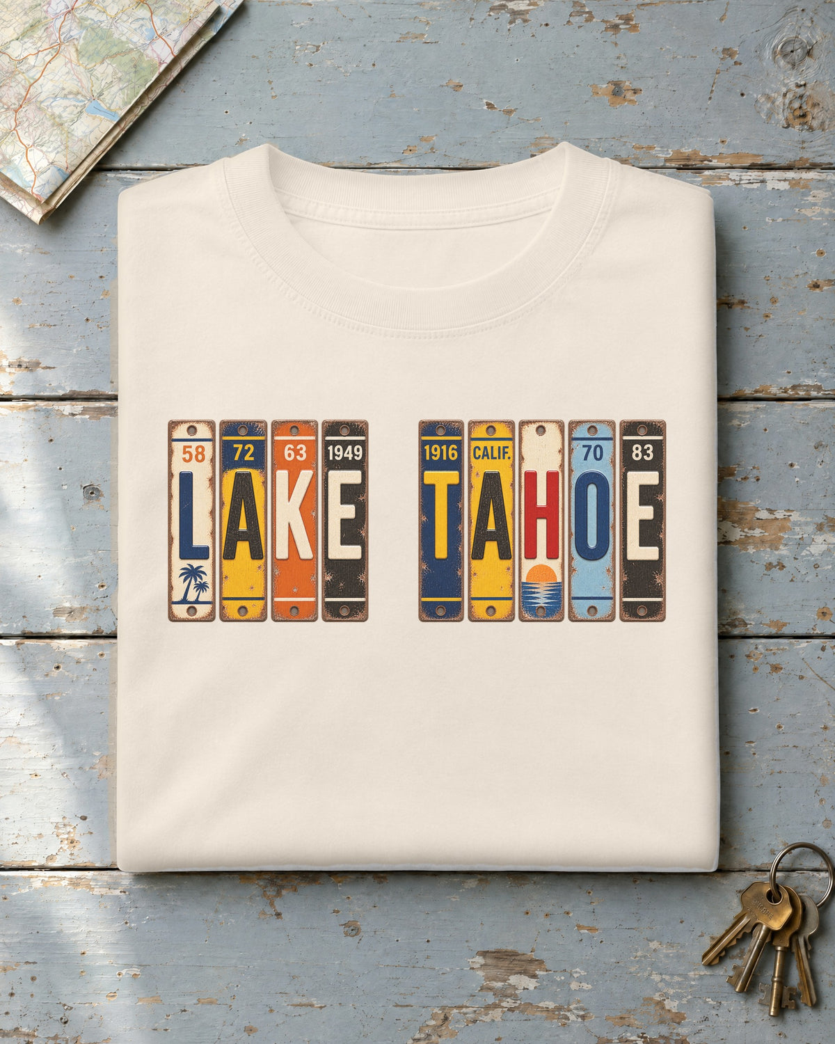 Lake Tahoe, California vintage license plate t-shirt in Ivory