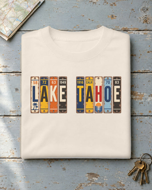 Lake Tahoe, California vintage license plate t-shirt in Ivory