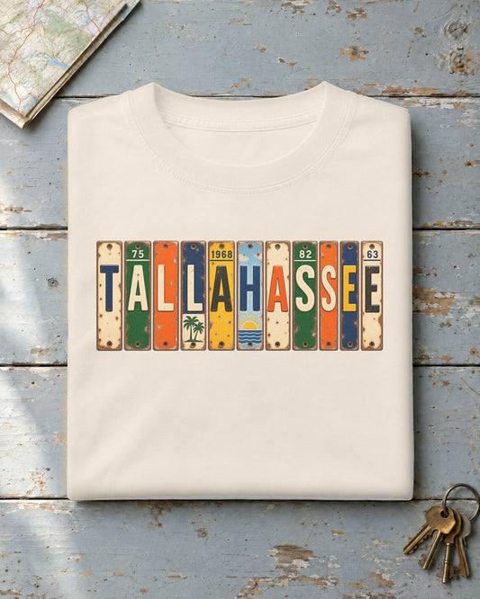 Tallahassee, Florida vintage license plate t-shirt in Ivory