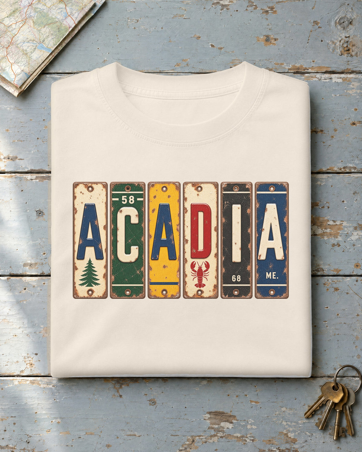 Acadia, Maine vintage license plate t-shirt in Ivory