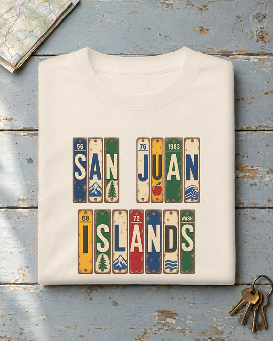 San Juan Islands, Washington vintage license plate t-shirt in Ivory
