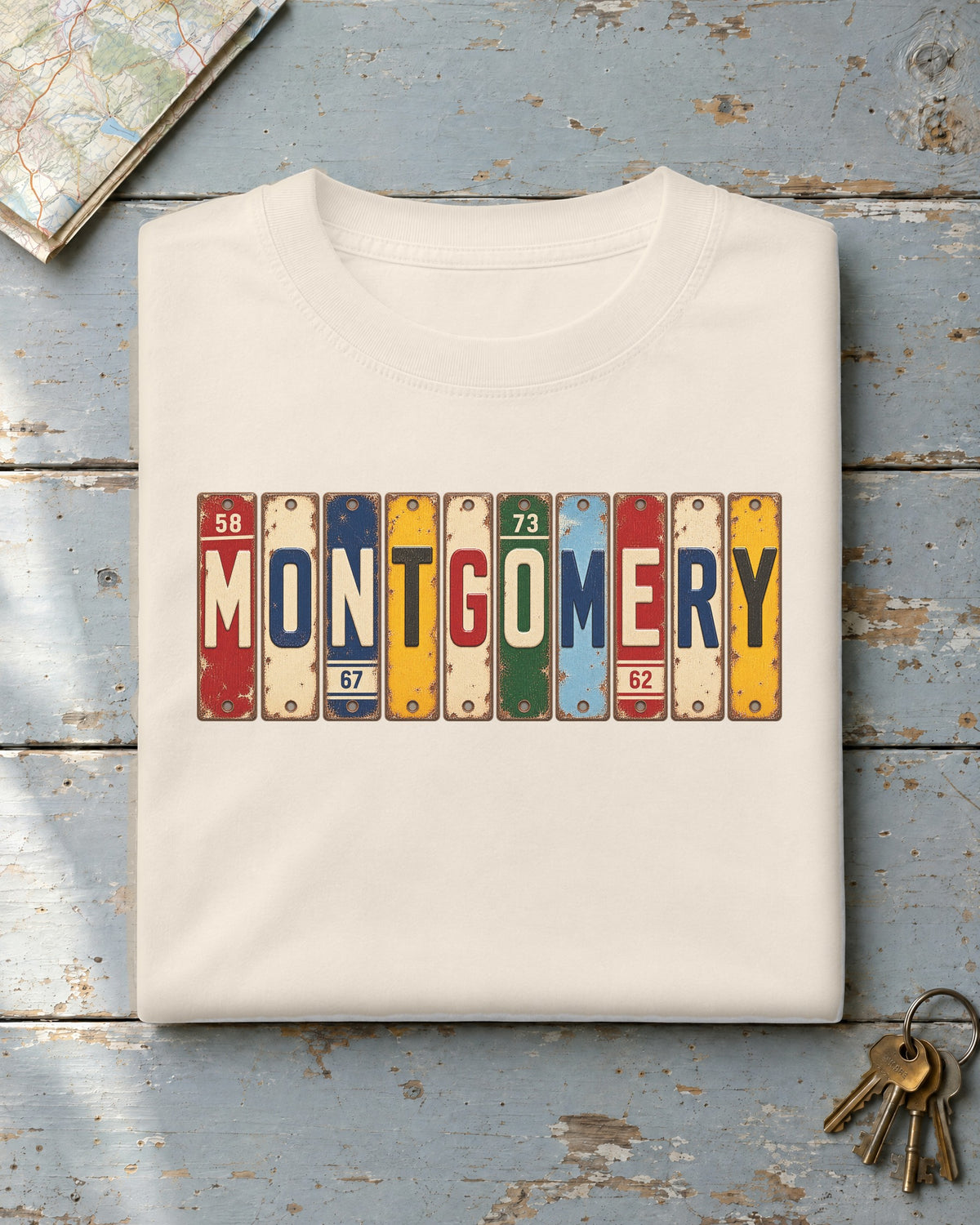 Montgomery, Alabama vintage license plate t-shirt in Ivory