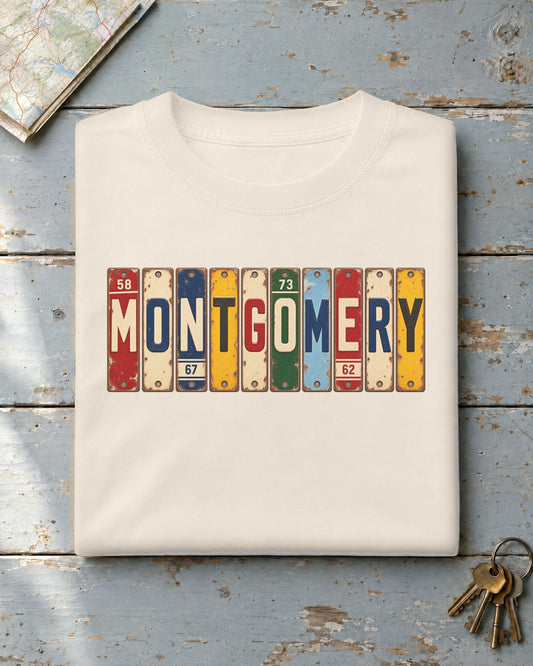 Montgomery, Alabama vintage license plate t-shirt in Ivory