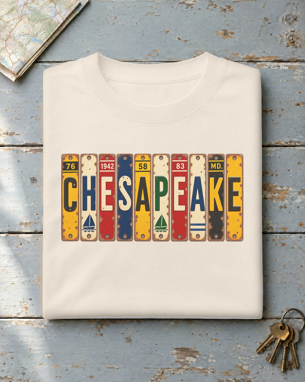 Chesapeake, Maryland vintage license plate t-shirt in Ivory
