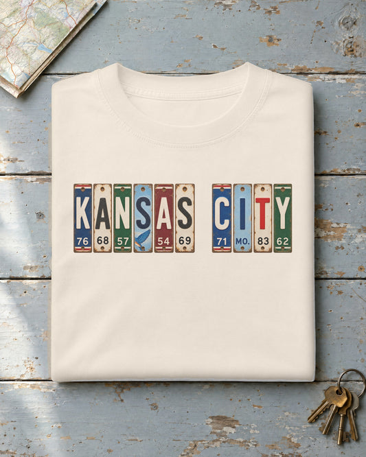 Kansas City, Missouri vintage license plate t-shirt in Ivory