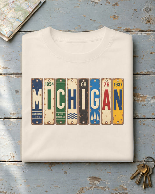 Michigan vintage license plate t-shirt in Ivory