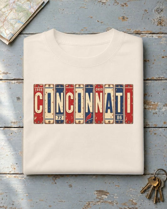 Cincinnati, Ohio vintage license plate t-shirt in Ivory