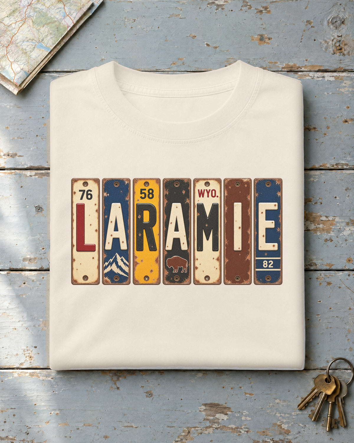 Laramie, Wyoming vintage license plate t-shirt in Ivory