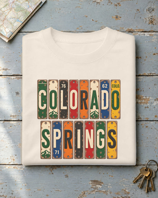 Colorado Springs, Colorado vintage license plate t-shirt in Ivory