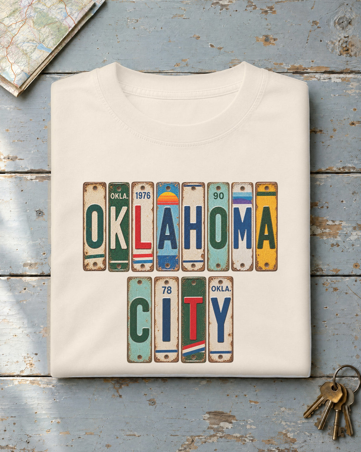 Oklahoma City, Oklahoma vintage license plate t-shirt in Ivory
