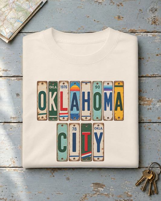 Oklahoma City, Oklahoma vintage license plate t-shirt in Ivory