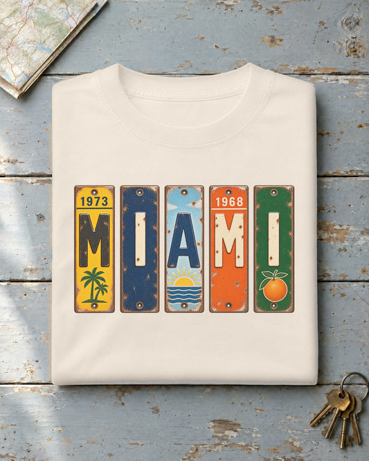 Miami, Florida vintage license plate t-shirt in Ivory