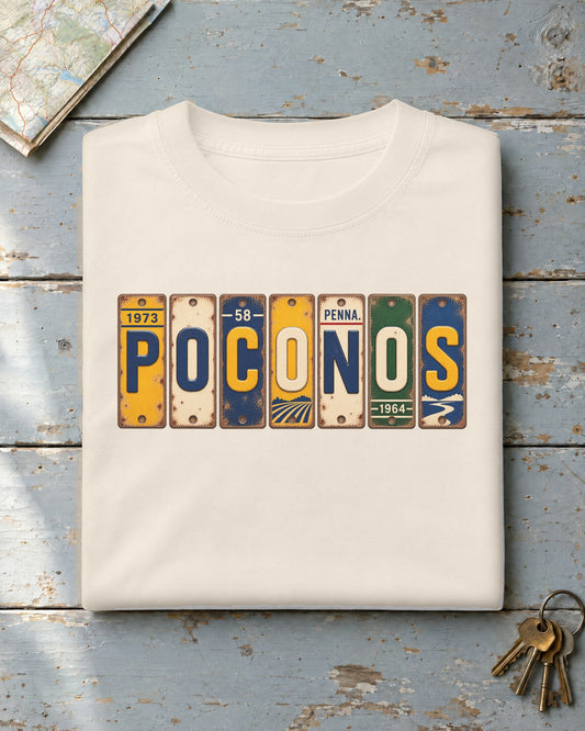 Poconos, Pennsylvania vintage license plate t-shirt in Ivory