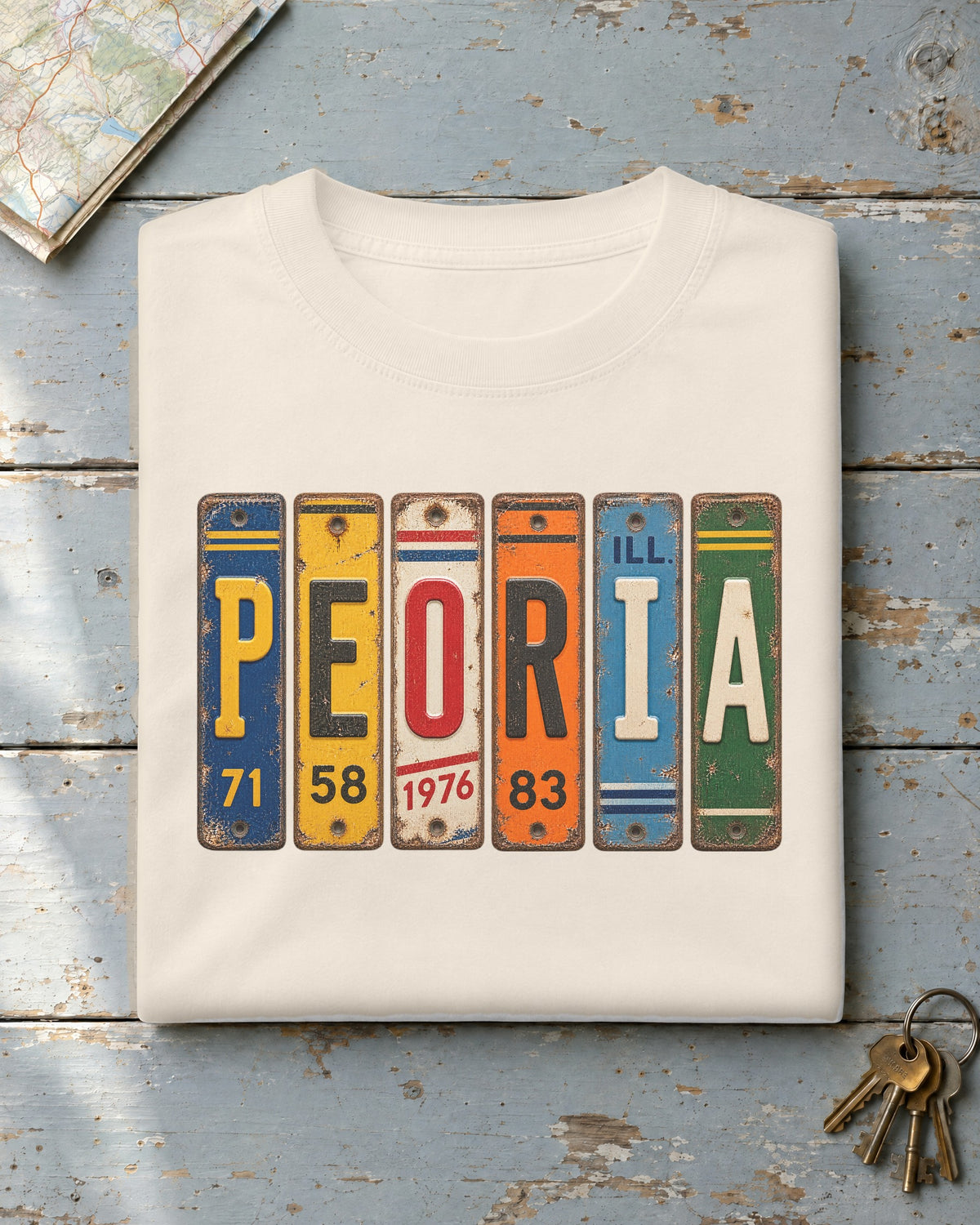 Peoria, Illinois vintage license plate t-shirt in Ivory